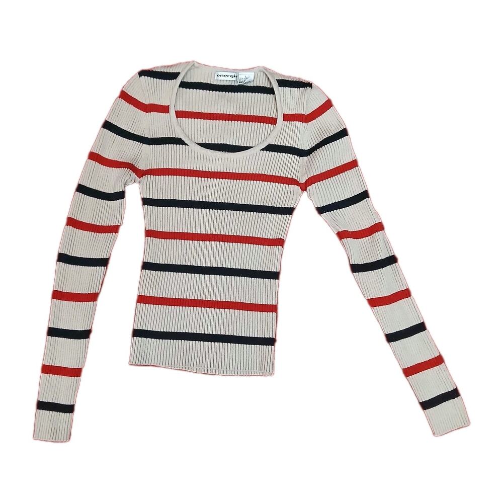 Vtg Energie‎ Women’s Ribbed Sweater Top L Beige Red Black Stripe Long Sleeve Y2K